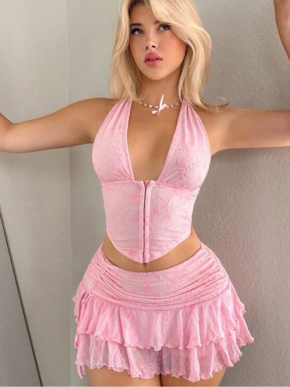 Pink Lace Halter Corset Top & Tiered Ruffle Mini Skirt Set